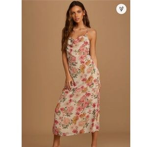 NWT - Lulu’s Sweet invitation Beige Floral Print Cowl Neck Midi